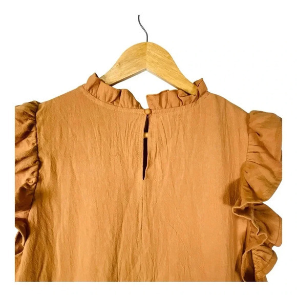 Smock Dress‎ Mock Neck Ruffle Trim Camel Flounce Cap Sleeve Women Size Large - Picture 5 of 10